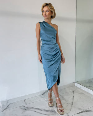 Blue One Shoulder Midi Dress