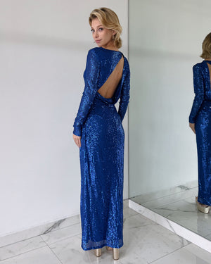 Blue Open Back Sequin Maxi Dress