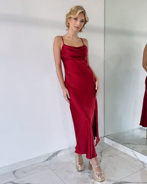 Wine Basic Silk Midi Dress