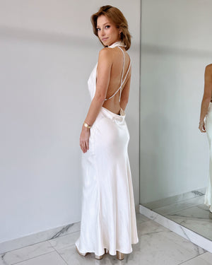 Champagne Open Back Pearl Halter Maxi Dress