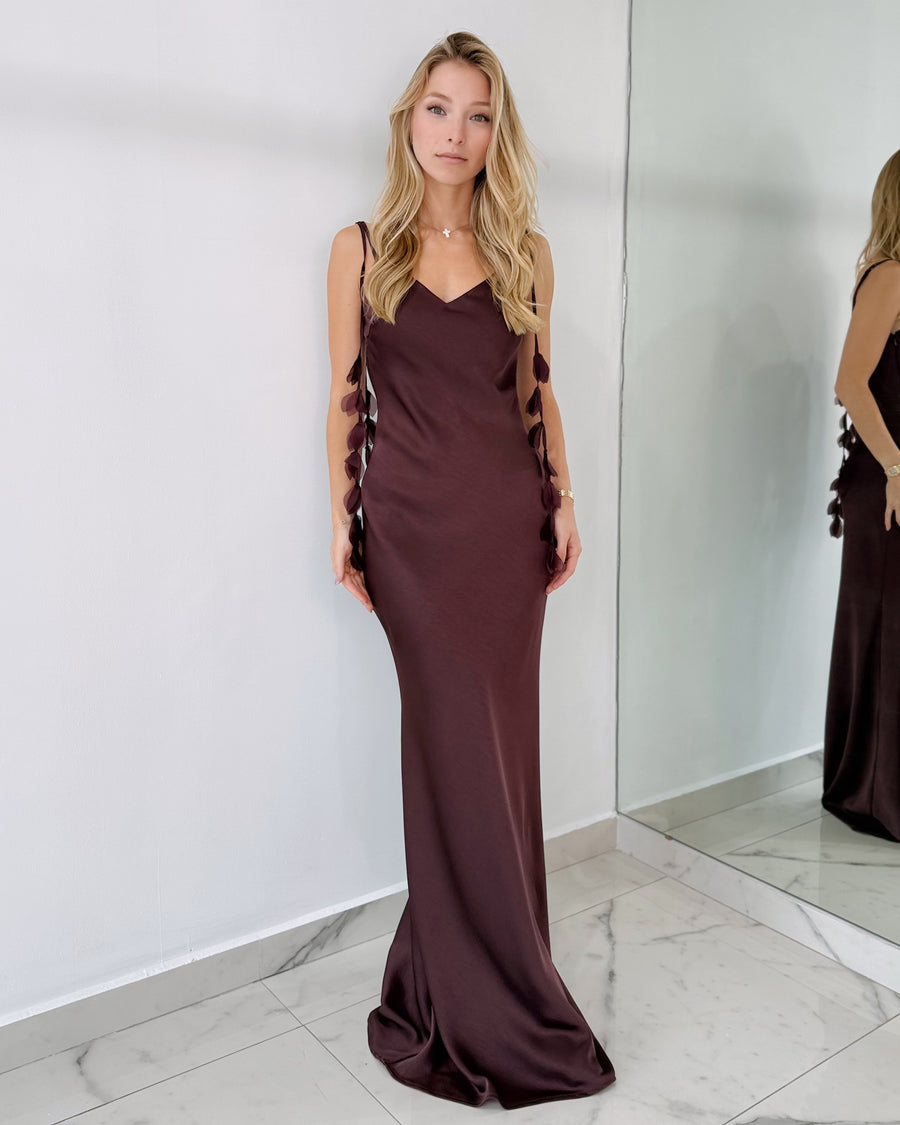 Purple Satin V Neck Gown Dress