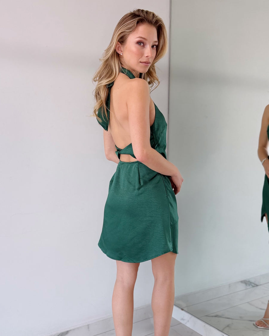 Green Silk Open Back Mini Dress