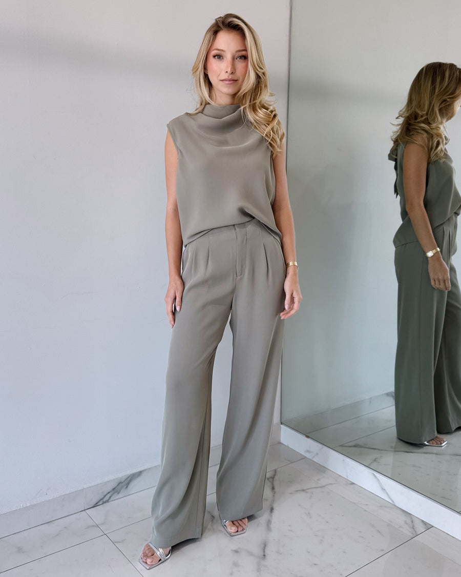Olive Green Top + Pant Two Piece Set