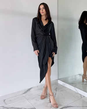 Black Long Sleeve Asymmetric Midi Dress