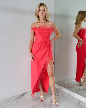 Salmon Feathers Strapless Bandage Midi Dress