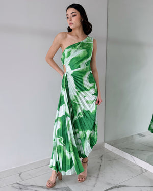 Green Tie Dye Asymmetrical Midi Dress