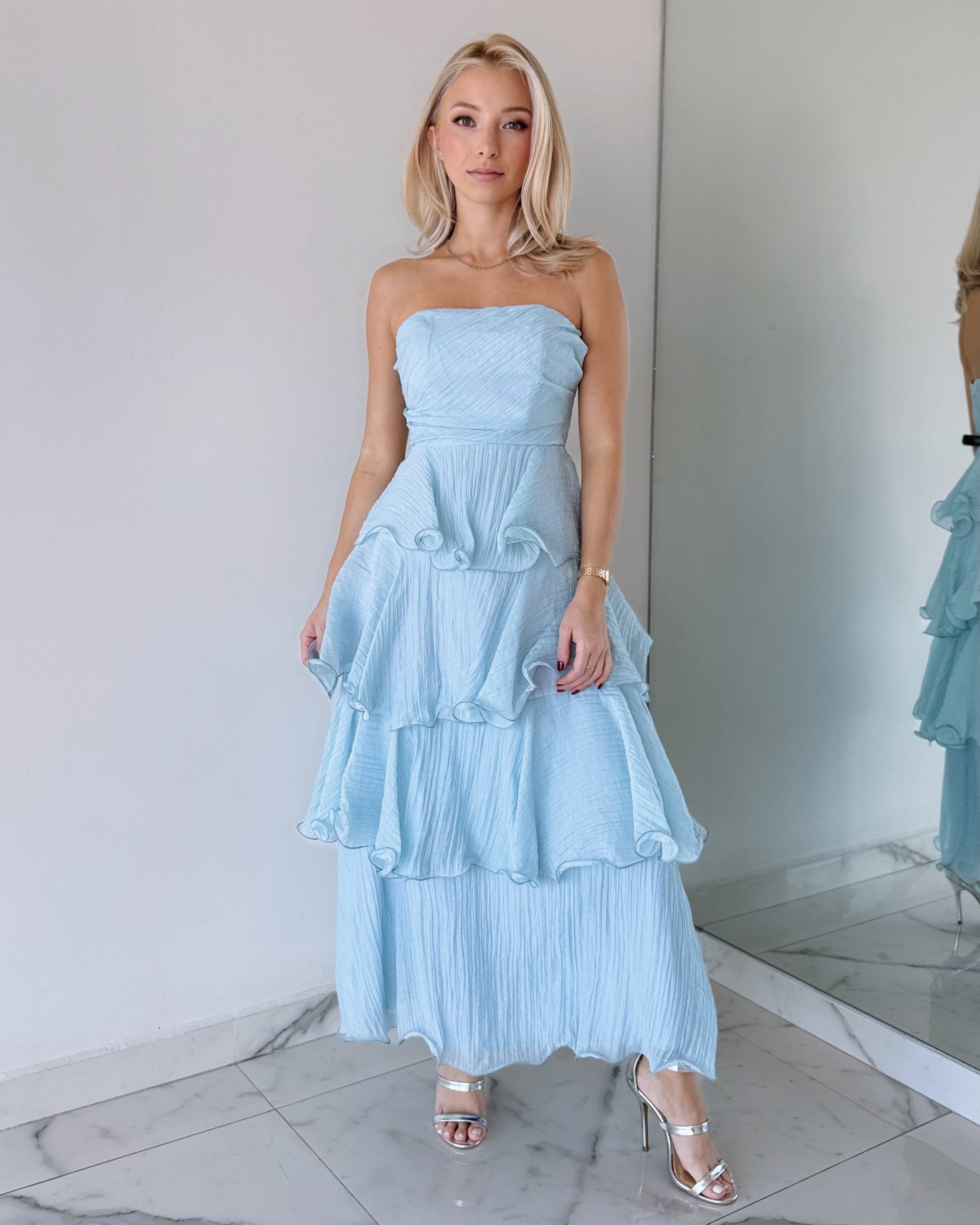 CM6406D Baby Blue Strapless Ruffle Maxi Dress