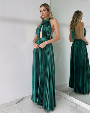 Green Pleated Open Back Gown Dress