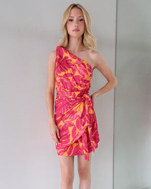 Magenta Print One Shoulder Mini Dress