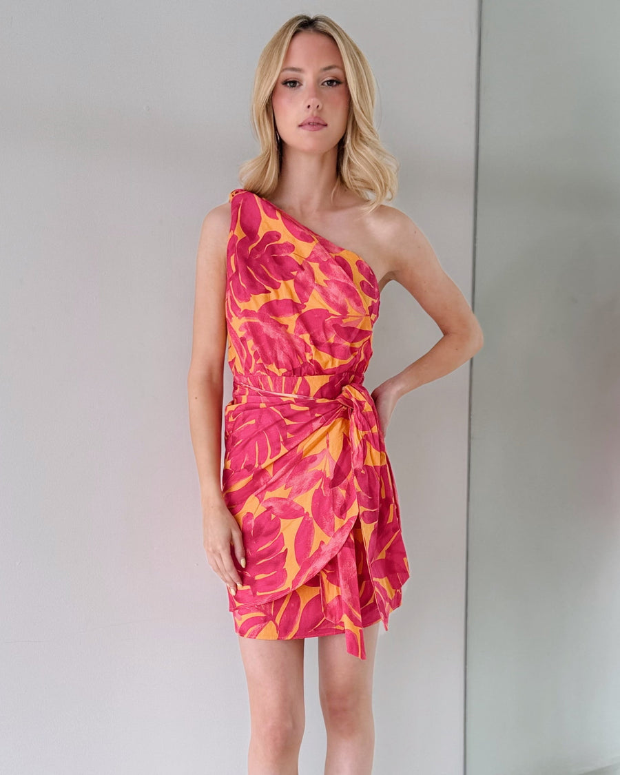 Magenta Print One Shoulder Mini Dress
