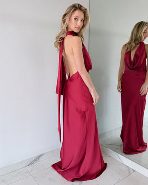 Burgundy Wine Halter Open Back Gown Dress