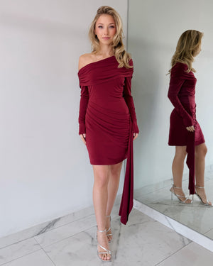 Wine Off Shoulder Long Sleeve Mini Dress