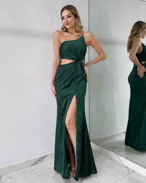 Green One Shoulder Gown Dress