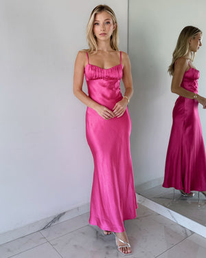 Magenta Silk Open Back Maxi Dress