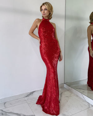 Red Halter Sequin Gown Dress