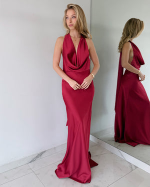 Burgundy Wine Halter Open Back Gown Dress