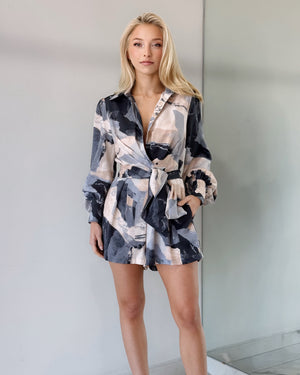 Gray Print Long Sleeve Romper