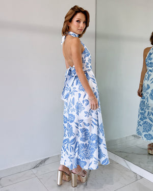 Baby Blue Floral Print Halter Midi Dress