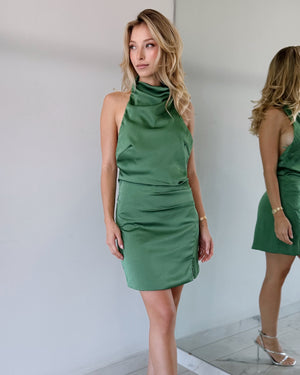 Green Halter Open Back Silk Mini Dress
