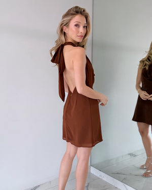 Coffee Chocolate Halter Silk Mini Dress