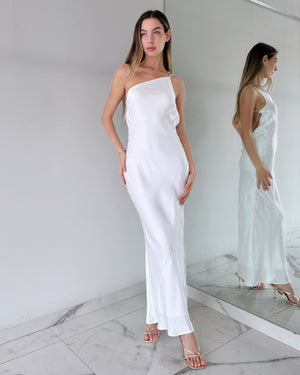 White One Shoulder Pearl Maxi Dress