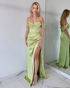 Light Green Strapless Off Shoulder Gown Dress
