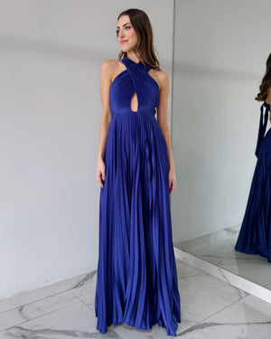 Blue Cross Pleated Gown Dress
