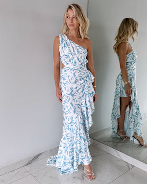 Baby Blue Print One Shoulder Gown Dress