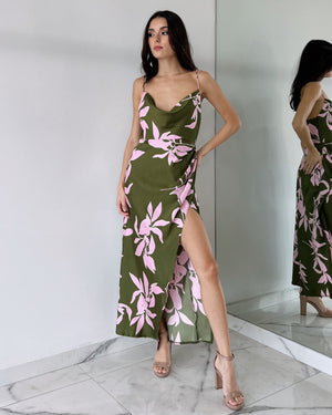 Green Floral Open Leg Midi Dress