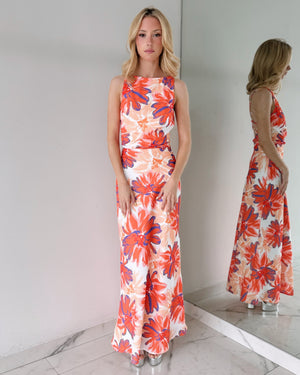 Orange Floral Open Back Maxi Dress