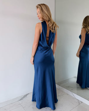 Blue Choker Open Back Maxi Dress