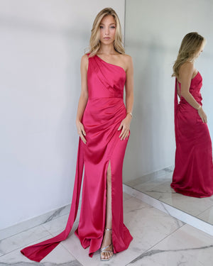 Fuchsia Choker One Shoulder Gown Dress
