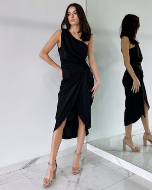 Black One Shoulder Midi Dress