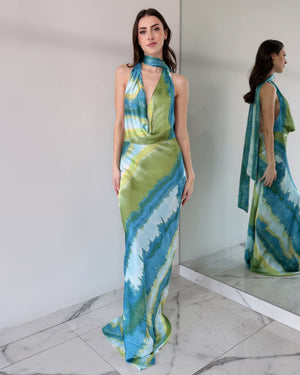 Blue Print Open Back Gown Dress