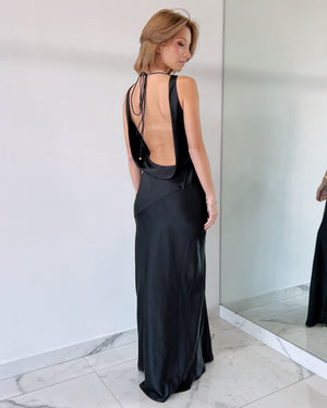 Black Open Back Silk Gown Dress