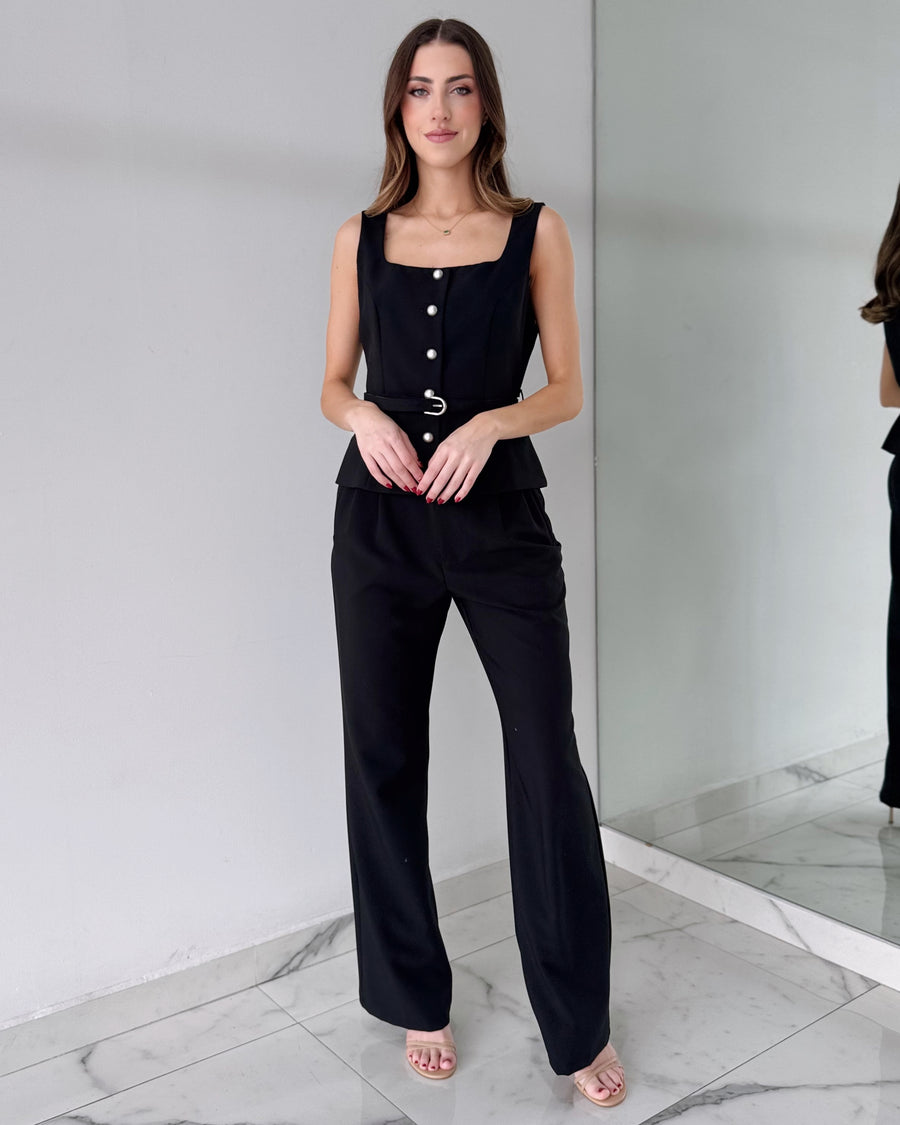 Black Belt Top + Pant Two Piece Set