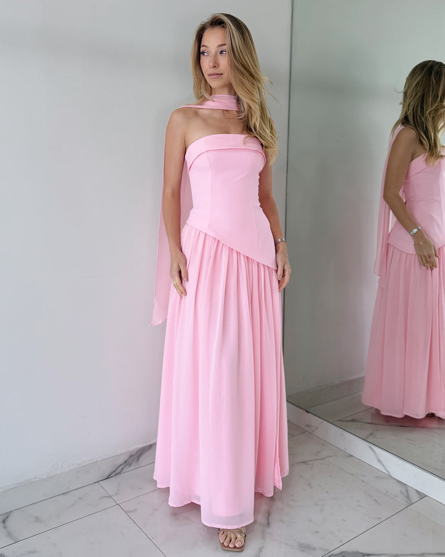 Pink Strapless Choker Maxi Dress