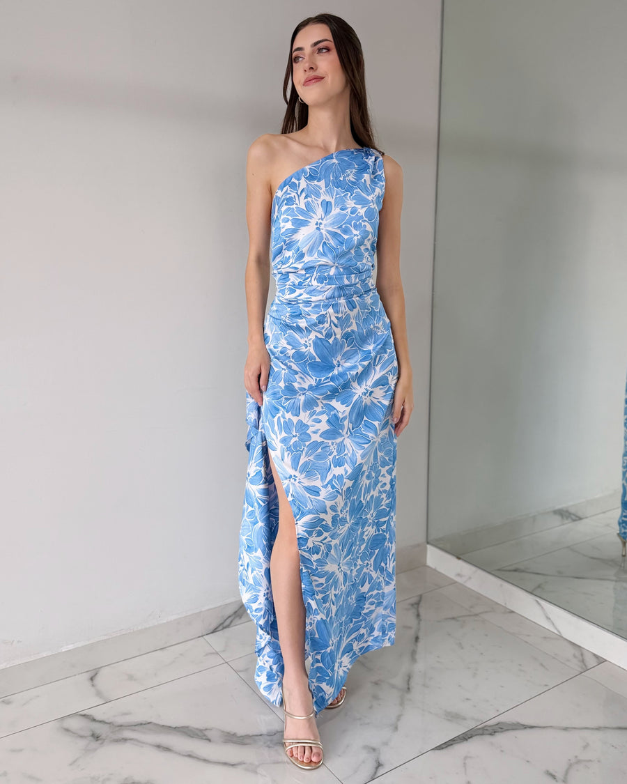 Baby Blue Print One Shoulder Ruffle Maxi Dress