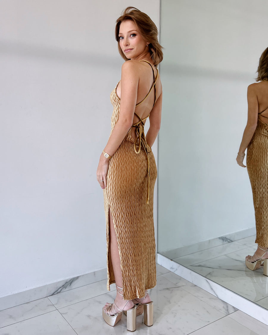 Velvet Copper Open Back Midi Dress