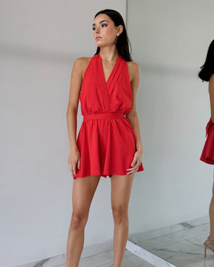 Red Halter Open Back Romper