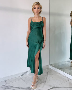 Forest Green Basic Silk Midi Dress