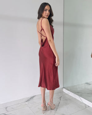 Wine Open Back Silk Midi Dress