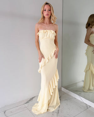 SD314 Baby Yellow Strapless Ruffle Gown Dress