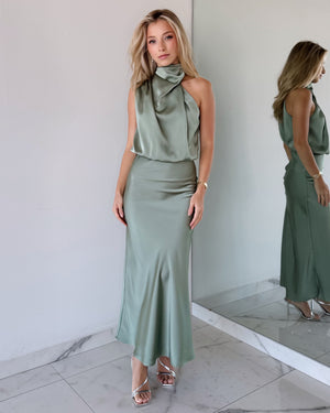 Green Mint Sage Halter Midi Dress