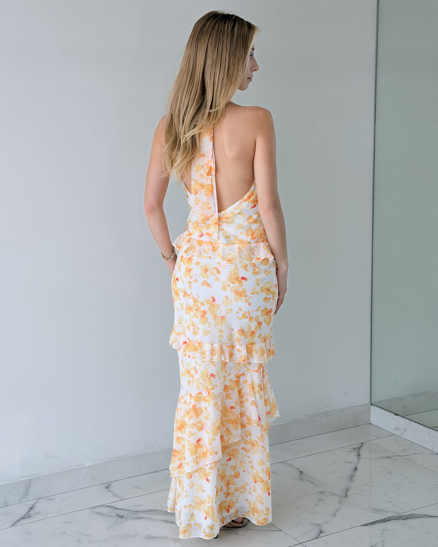 Yellow Print Open Back Maxi Dress