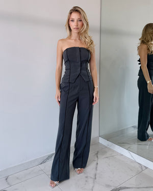 Gray Strapless Top + Pant Two Piece Set