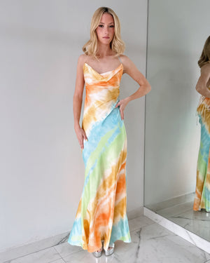 Yellow Print Open Back Maxi Dress