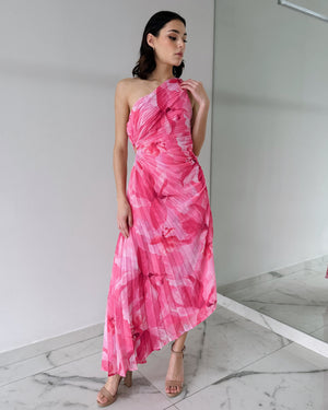Pink Floral Asymmetrical Midi Dress