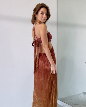 Rust Pleated Midi Dress