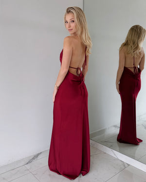 Wine Open Back Silk Gown Dress
